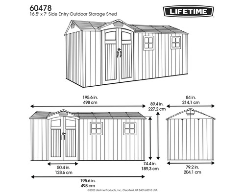 Illustration d'un abri de jardin avec entrée latérale et dimensions