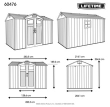 Plan technique d'un abri de jardin avec dimensions et logo Lifetime