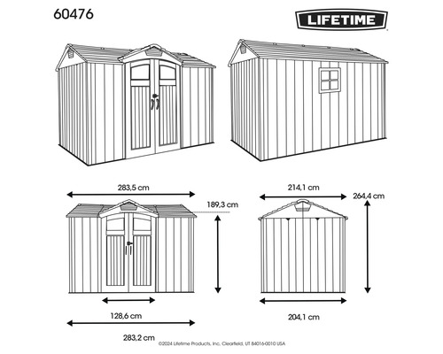 Plan technique d'un abri de jardin avec dimensions et logo Lifetime