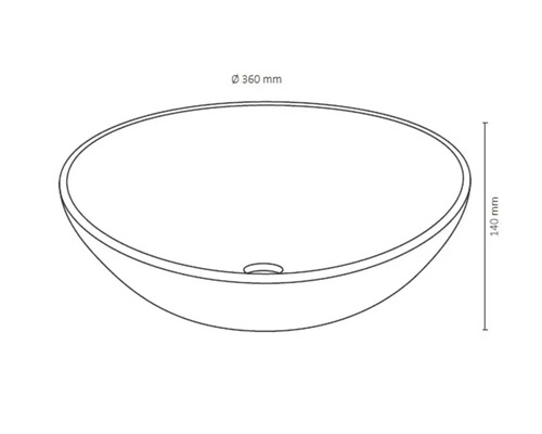 Zeichnung eines runden Aufsatzwaschbeckens mit den Maßen 360 mm Durchmesser und 140 mm Höhe