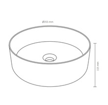 Zeichnung eines runden Aufsatzwaschbeckens mit den Maßen 355 mm Durchmesser und 115 mm Höhe