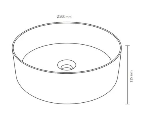 Zeichnung eines runden Aufsatzwaschbeckens mit den Maßen 355 mm Durchmesser und 115 mm Höhe