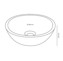 Zeichnung eines Aufsatzwaschbeckens mit den Maßen 380 mm Durchmesser und 150 mm Höhe