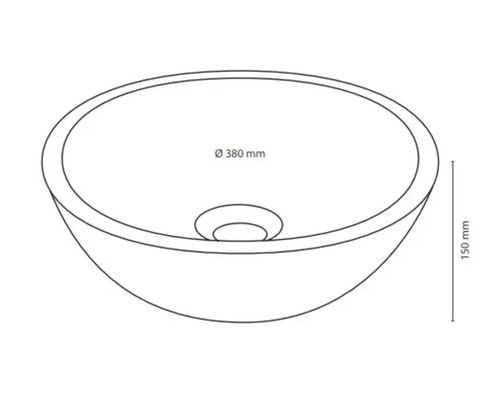 Zeichnung eines Aufsatzwaschbeckens mit den Maßen 380 mm Durchmesser und 150 mm Höhe