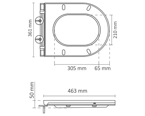 Masszeichnung eines WC-Deckels mit den Massen 361 mm Höhe, 305 mm Breite, 210 mm Tiefe und 463 mm Länge