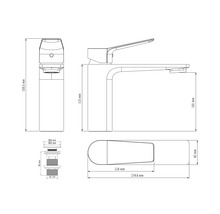 Technische Zeichnung einer Armatur mit Massangaben