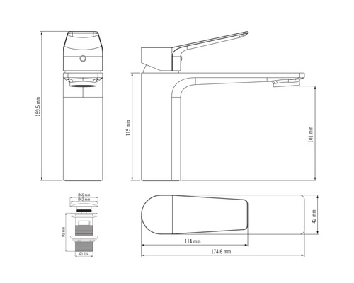 Technische Zeichnung einer Armatur mit Massangaben