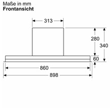 Technische Zeichnung einer Dunstabzugshaube mit Maßangaben in Millimeter.