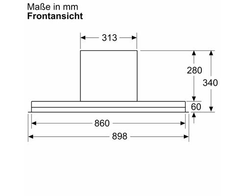 Technische Zeichnung einer Dunstabzugshaube mit Maßangaben in Millimeter.