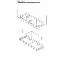 Einbaubeispiel für eine Dunstabzugshaube mit Maßangaben in Millimetern