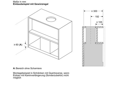 Einbaubeispiel für ein Gewürzregal mit Maßangaben