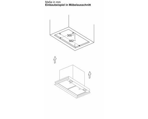 Einbaubeispiel einer Dunstabzugshaube mit Maßangaben für den Möbelausschnitt