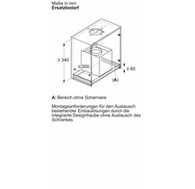 Technische Zeichnung einer Dunstabzugshaube mit Maßangaben
