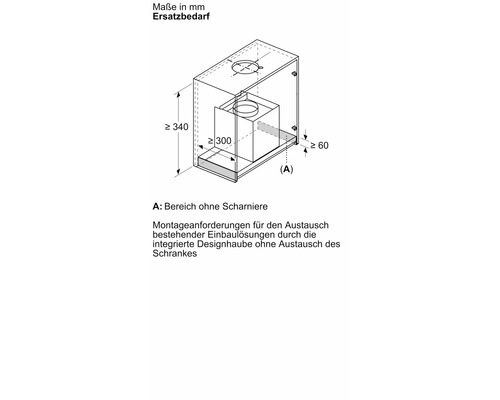Technische Zeichnung einer Dunstabzugshaube mit Maßangaben