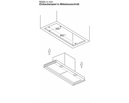 Einbau einer Dunstabzugshaube mit Maßangaben in Millimeter