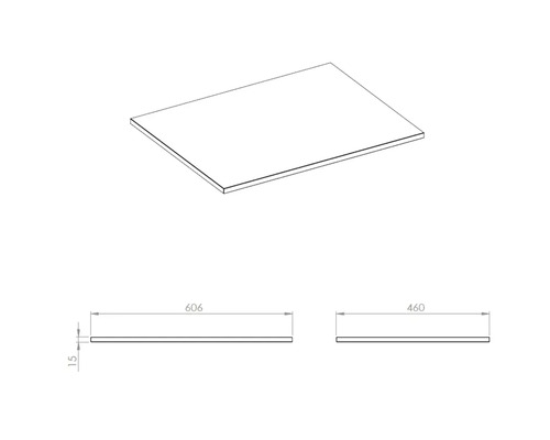 Plan de toilette avec des dimensions de 606x460x15 millimètres.