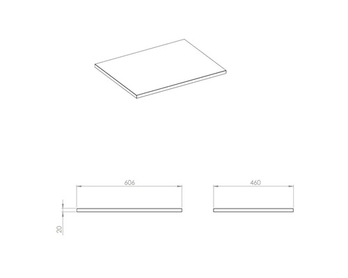Plan de travail avec les dimensions 606 x 460 x 20 mm comme schéma