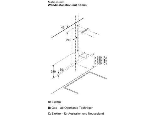 Wandinstallation mit Kamin Maße in Millimeter