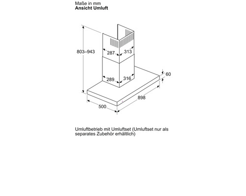 Masse der Dunstabzugshaube für den Umluftbetrieb