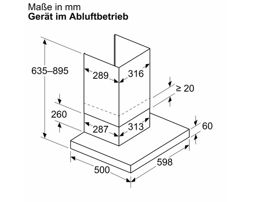 Abmessungen einer Dunstabzugshaube für Abluftbetrieb in Millimeter.