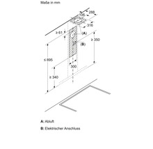 Maßzeichnung einer Dunstabzugshaube mit Angaben zu Abluft und elektrischem Anschluss