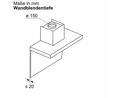 Masse der Wandblendtiefe mit einem Durchmesser von 150 Millimetern und einer Tiefe von maximal 20 Millimetern.