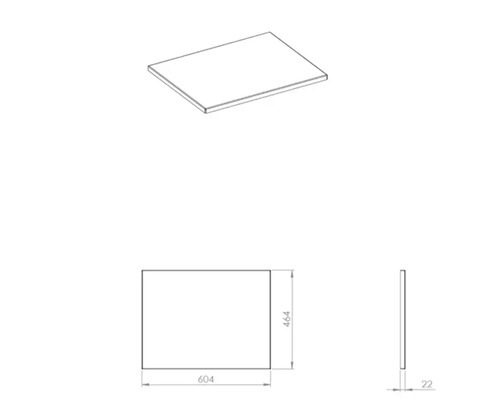 Vue de dessus et dessin technique d'un panneau de meuble de dimensions 604 x 464 x 22 millimètres.