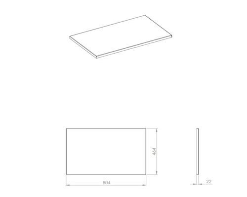 Dessin de produit d'un plan de toilette aux dimensions 804 x 464 x 22 millimètres.