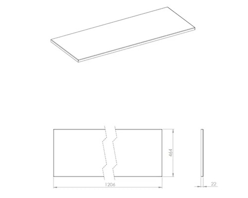Dessin technique d'un plateau de table aux dimensions 1206 x 464 x 22 mm