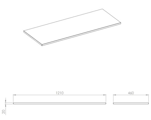 Dessin d'un plateau de table mesurant 1210 x 460 x 20 millimètres.