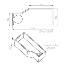 Technische Zeichnung einer Badewanne mit Maßen