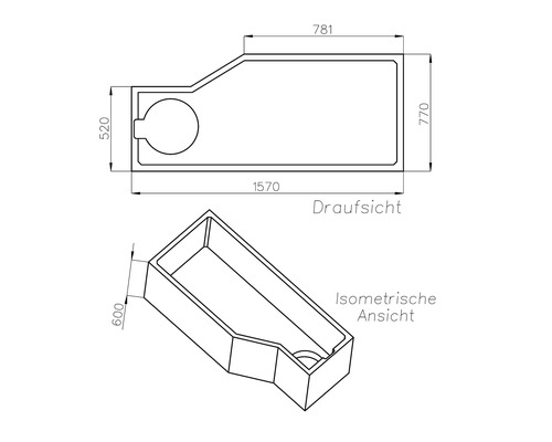 Technische Zeichnung einer Badewanne mit Maßen