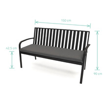 Banc de jardin avec des dimensions de 150 cm de largeur, 42,5 cm de hauteur d'assise et 90 cm de hauteur