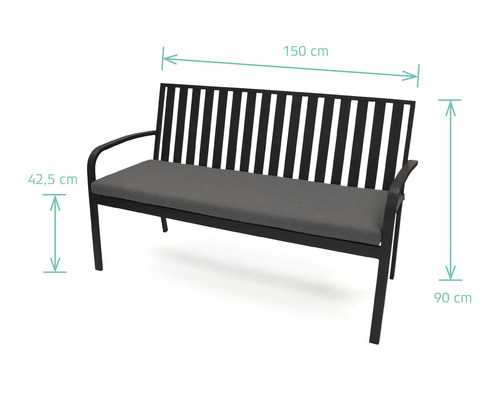 Banc de jardin avec des dimensions de 150 cm de largeur, 42,5 cm de hauteur d'assise et 90 cm de hauteur