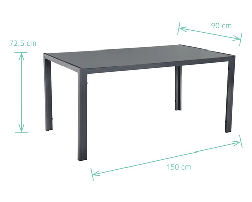 Table de jardin avec les dimensions 150 cm de longueur, 90 cm de largeur et 72,5 cm de hauteur
