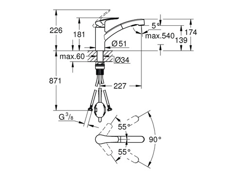 Dessin technique d'un robinet avec indications de dimension