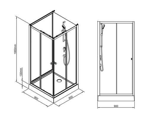 Technische Zeichnung einer Duschkabine mit Massangaben