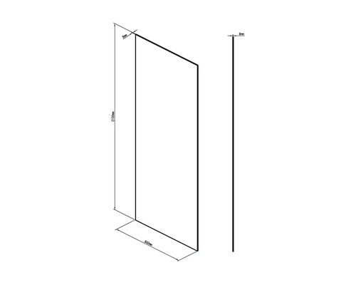 Technische Zeichnung einer Duschwand mit den Maßen 2100 mm Höhe, 860 mm Breite und 8 mm Dicke.