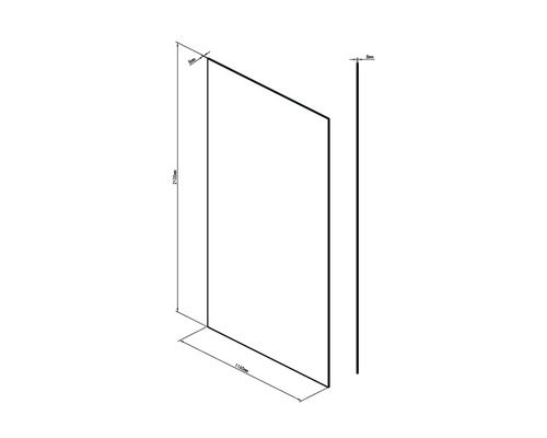 Technische Zeichnung einer Duschwand mit Abmessungen