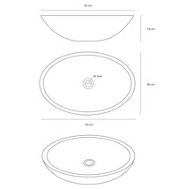 Dessin d'une vasque à poser avec les dimensions 50 cm x 38 cm x 14 cm.