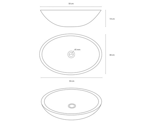 Dessin d'une vasque à poser avec les dimensions 50 cm x 38 cm x 14 cm.