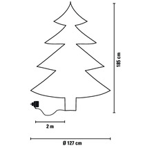 Illustration d'un arbre de Noël avec dimensions : hauteur 185 cm, diamètre 127 cm, longueur de câble 2 m.