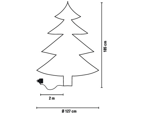 Illustration d'un arbre de Noël avec dimensions : hauteur 185 cm, diamètre 127 cm, longueur de câble 2 m.