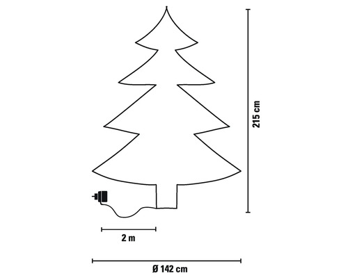Technische Zeichnung Weihnachtsbaum mit 215 Zentimeter Höhe, 142 Zentimeter Durchmesser und zwei Meter Zuleitung