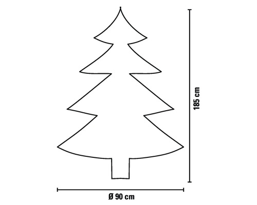 Umriss eines Weihnachtsbaums mit Maßangaben: 185 cm hoch, 90 cm Durchmesser