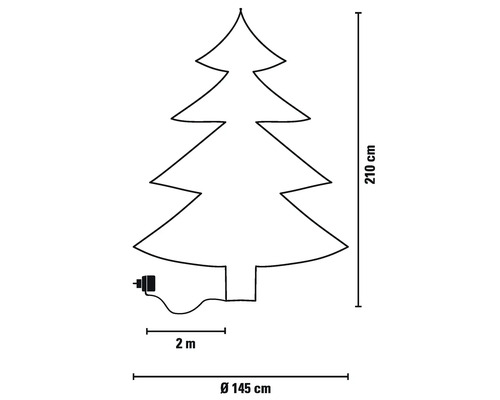 Schéma d'un sapin de Noël mesurant 210 cm de haut et 145 cm de diamètre
