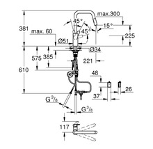 Schéma technique d'un robinet de cuisine avec cotes