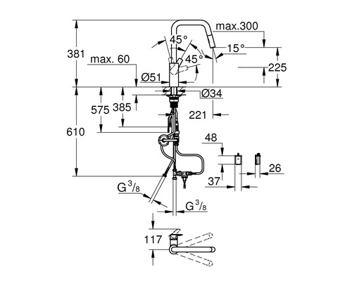 Schéma technique d'un robinet de cuisine avec cotes