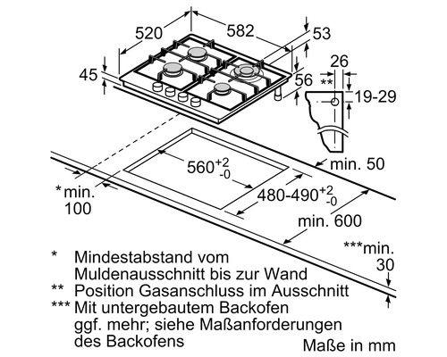 Abmessungen einer Gaskochmulde mit vier Kochstellen