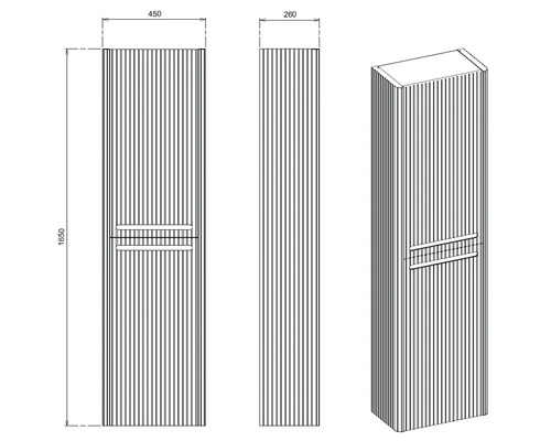 Dessin technique d'une armoire de salle de bain avec des dimensions de 450, 260 et 1650 millimètres.